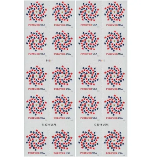 Patriotic Spiral Stars 2016 - 5 Booklets 100 Pcs Unused Stamps for Mailing